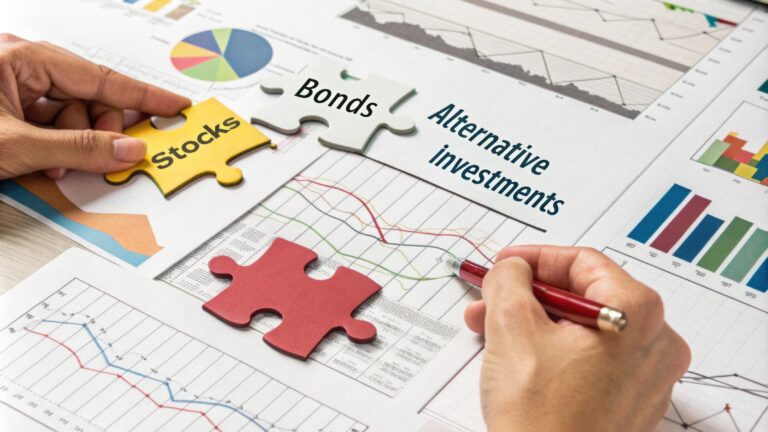 An illustration of a puzzle being completed with pieces labeled stocks bonds and alternative investments being rearranged for a better fit..