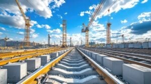 Construction of high-speed rail tracks, with cranes and machinery placing massive concrete segments under blue skies.