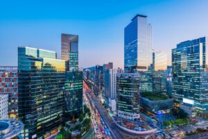 Traffic at night in Gangnam City Seoul, South Korea