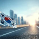 A South Korean flag waves in the foreground against a blurred cityscape and highway at sunrise.