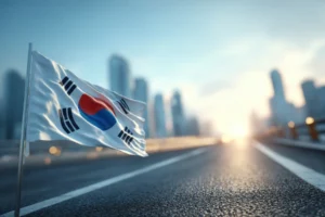 A South Korean flag waves in the foreground against a blurred cityscape and highway at sunrise.