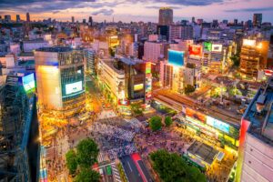 Shibuya Crossing from top view at twilight in Tokyo, Japan
