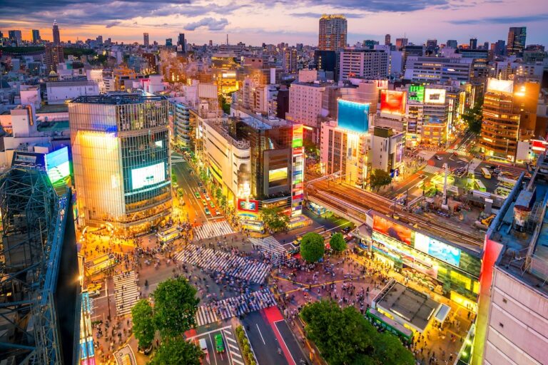 Shibuya Crossing from top view at twilight in Tokyo, Japan
