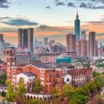 Taipei, Taiwan cityscape and historic library.