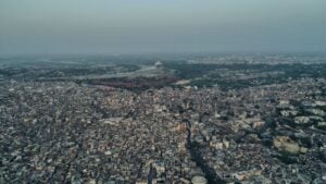 An aerial shot of densely-populated Agra city