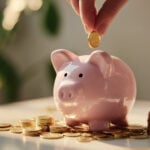 A minimal and clean financial stock photo featuring a close-up of a human hand placing a gold coin into a pink ceramic piggy bank, surrounded by scattered coins, symbolizing savings and investment.