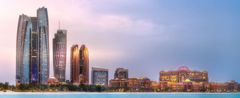 View of Abu Dhabi Skyline at sunrise, United Arab Emirates