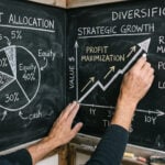 A financial expert illustrating asset allocation, diversification, and strategic growth with a chalk on a blackboard. The hands are drawing a chart on the board