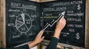 A financial expert illustrating asset allocation, diversification, and strategic growth with a chalk on a blackboard. The hands are drawing a chart on the board