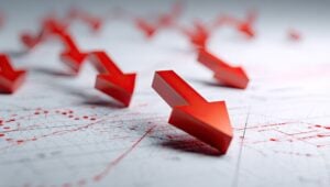 Sharp red arrows point downward on a graph indicating financial decline