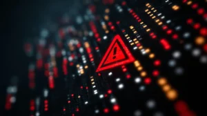 A glowing red warning triangle with an exclamation mark is centered against a dark, blurred digital pixel grid.