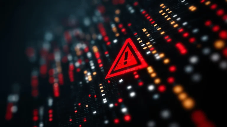 A glowing red warning triangle with an exclamation mark is centered against a dark, blurred digital pixel grid.