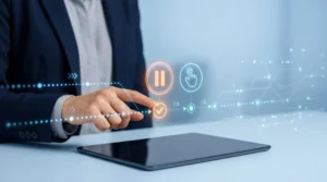 A person in a business suit points at glowing digital pause, click, and checkmark icons hovering above a tablet.