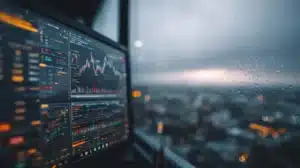 A computer monitor displays glowing financial charts next to a rainy window overlooking a blurred city skyline at dusk.