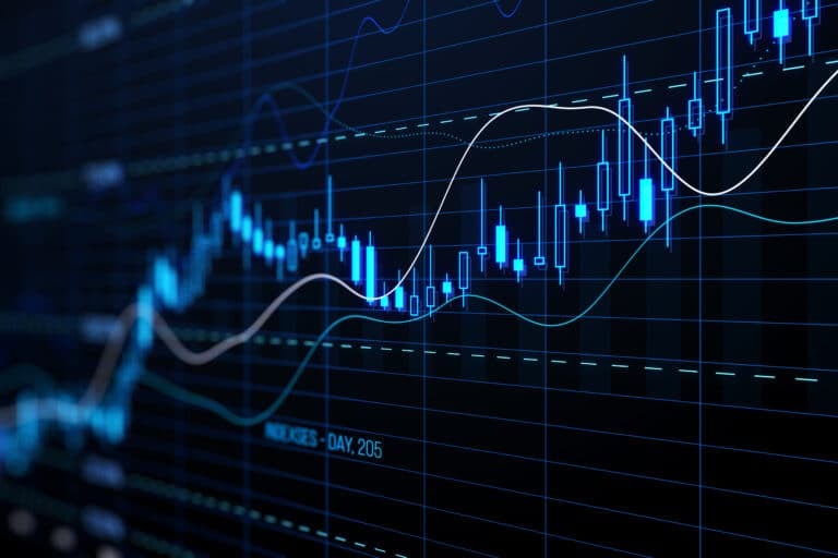 Perspective view of stock market growth, business investing and data concept with digital financial chart graphs, diagrams and indicators on dark blue blurry background. 3D rendering