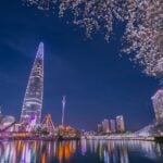 south korea in spring at night and skyscrapers seoul south korea