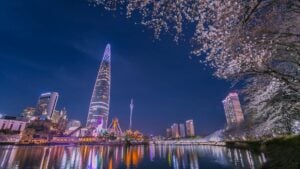south korea in spring at night and skyscrapers seoul south korea