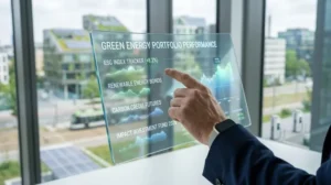 A hand points at a transparent digital screen displaying green energy portfolio performance and an ESG index tracker.