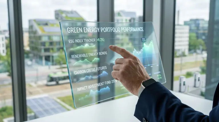 A hand points at a transparent digital screen displaying green energy portfolio performance and an ESG index tracker.