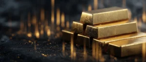 A stack of shiny gold bullion bars rests on a dark surface with glowing golden light streaks in the background.