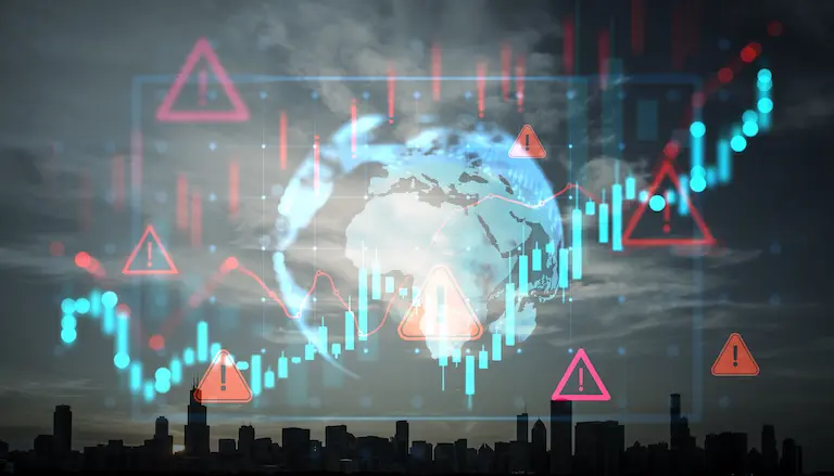 Red warning triangle icons overlay a glowing stock market chart and globe above a dark city skyline at dusk.