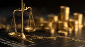 A brass balance scale rests on a dark stock market chart with blurred stacks of gold coins in the background.