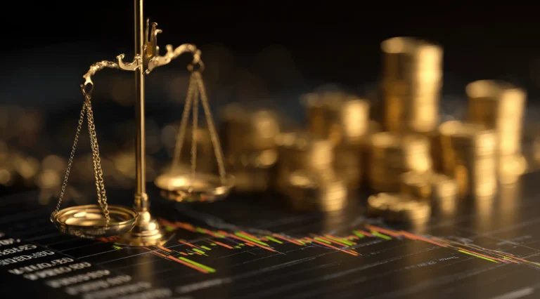 A brass balance scale rests on a dark stock market chart with blurred stacks of gold coins in the background.
