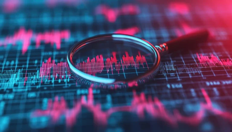 A magnifying glass rests over illuminated red and blue stock market bar charts on a digital display.