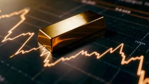 A polished gold bullion bar rests on a dark surface illuminated by a glowing orange stock chart line.