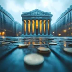 Gold coins lie scattered on a wet street leading to an illuminated classical government building with glowing columns.
