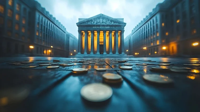 Gold coins lie scattered on a wet street leading to an illuminated classical government building with glowing columns.