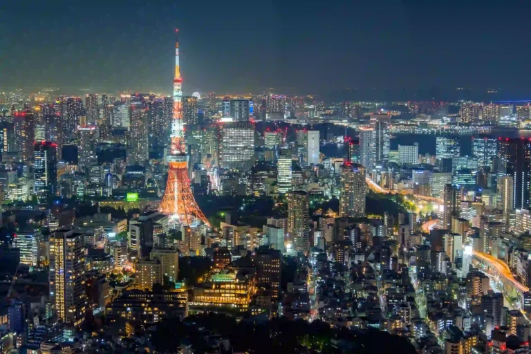 The illuminated red and white Tokyo Tower stands out against the vast, glowing city lights of Tokyo at night.