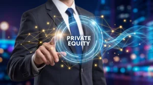 A man in a suit touches a glowing digital circle displaying the text PRIVATE EQUITY against a blurred night backdrop.