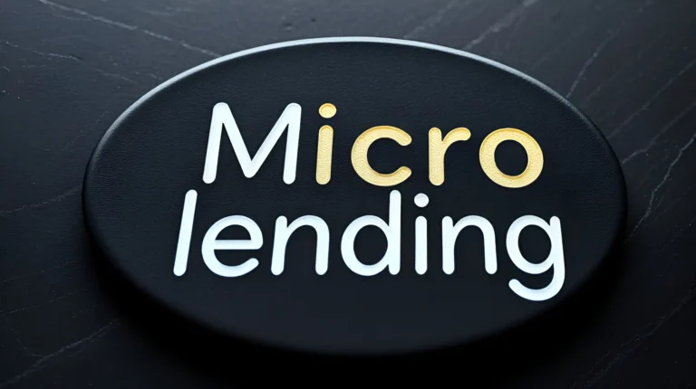 A black oval plaque featuring the words Micro lending in bold white and gold text rests on a dark surface.