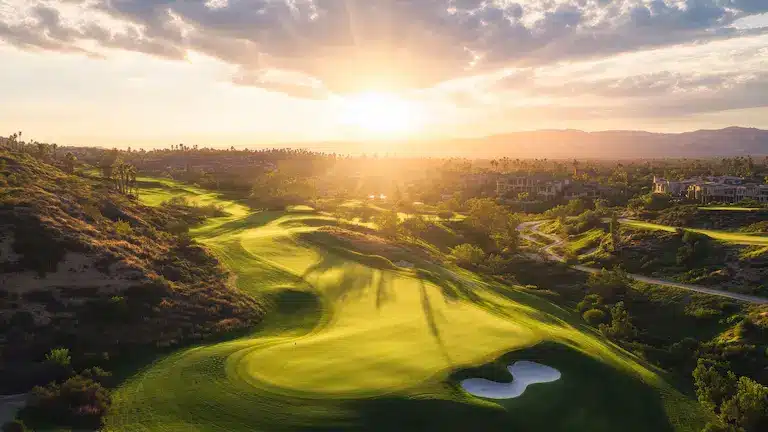 Sunlight streams over a sprawling green golf course with sand bunkers surrounded by rolling hills at sunset.