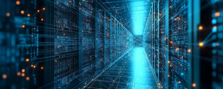 Glowing blue server racks line a dark data center hallway filled with floating orange data points and digital network grids.