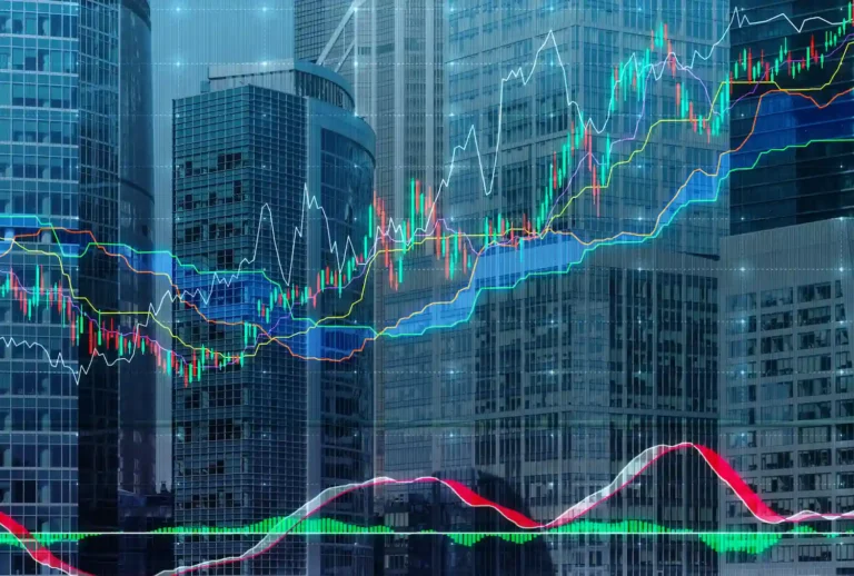 Colorful stock market candlestick charts and trend lines are overlaid across modern glass skyscrapers.