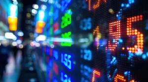 Glowing LED stock market ticker numbers display financial data in vibrant blue, green, and orange lights.