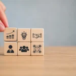 A hand places wooden blocks showing icons for financial growth, innovation, partnership, leadership, team, and networking.