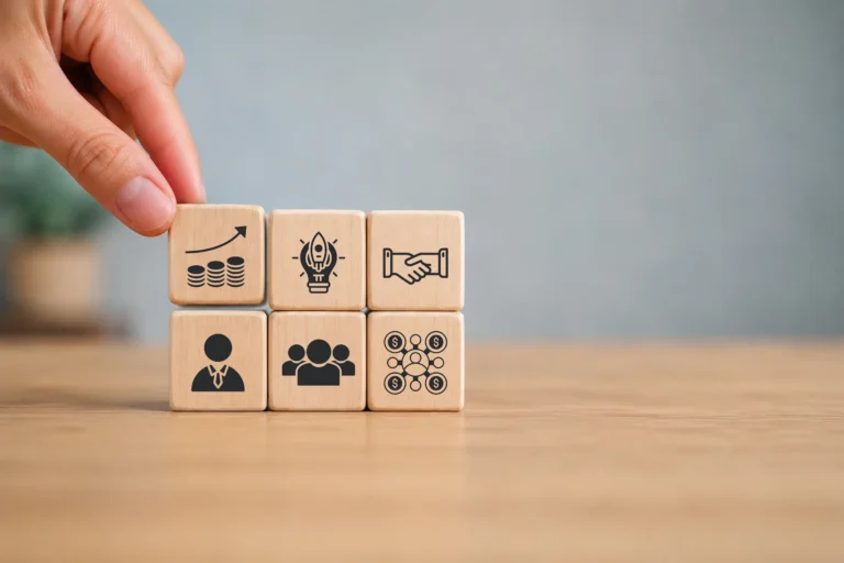 A hand places wooden blocks showing icons for financial growth, innovation, partnership, leadership, team, and networking.
