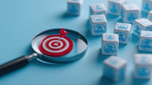 A magnifying glass frames a red bullseye target with a dart next to white blocks printed with user icons.