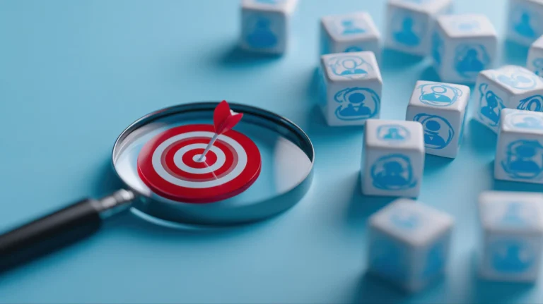 A magnifying glass frames a red bullseye target with a dart next to white blocks printed with user icons.