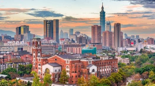 Taipei, Taiwan cityscape and historic library.