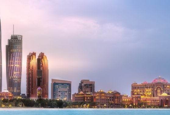 View of Abu Dhabi Skyline at sunrise, United Arab Emirates