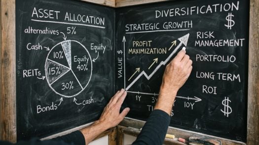 A financial expert illustrating asset allocation, diversification, and strategic growth with a chalk on a blackboard. The hands are drawing a chart on the board