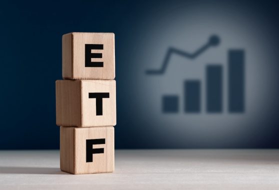 The acronym ETF Exchange Traded Fund on wooden cubes. Business stock market finance index fund