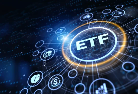 A glowing blue digital network interface displays the acronym ETF in a golden circle surrounded by financial icons.