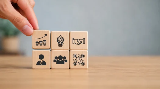 A hand places wooden blocks showing icons for financial growth, innovation, partnership, leadership, team, and networking.