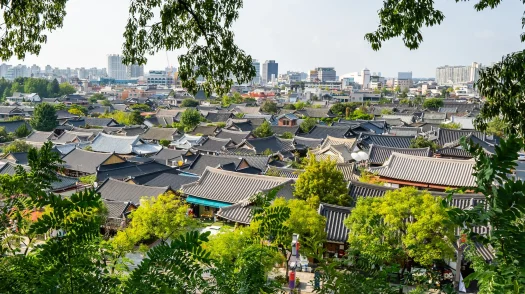 Tiled roofs of traditional Korean hanok houses fill Jeonju Village surrounded by leafy trees and modern city buildings.